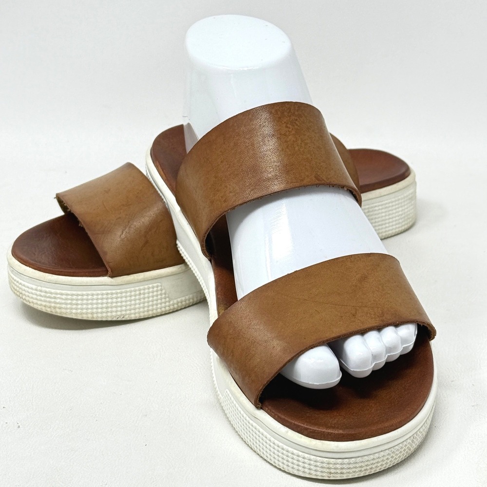MIA Saige Cognac Brown Strap Platform Slide Sandals Women 9M Preppy Tailored